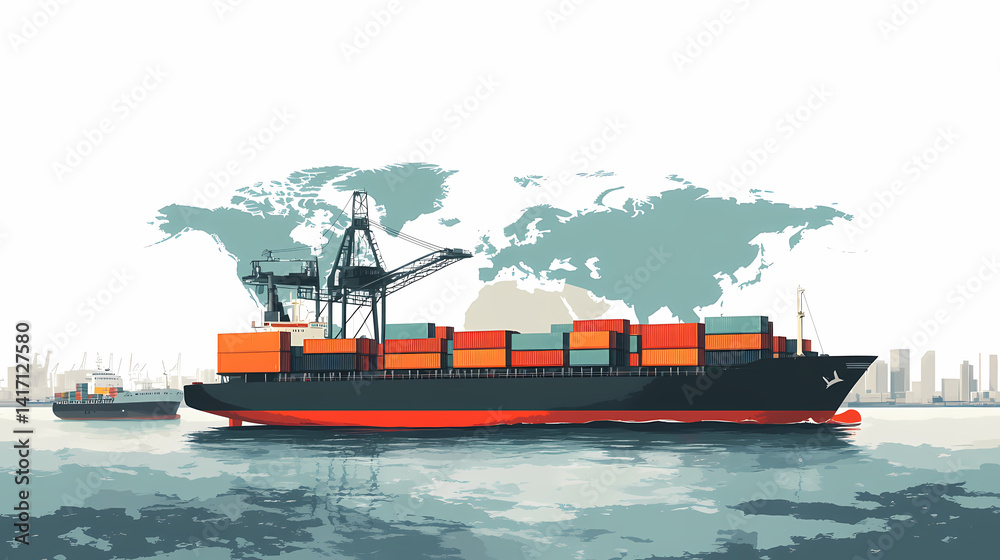 Fototapeta premium Global Trade Network: A detailed illustration depicts a container ship laden with cargo navigating the open seas, juxtaposed against the backdrop of a world map.