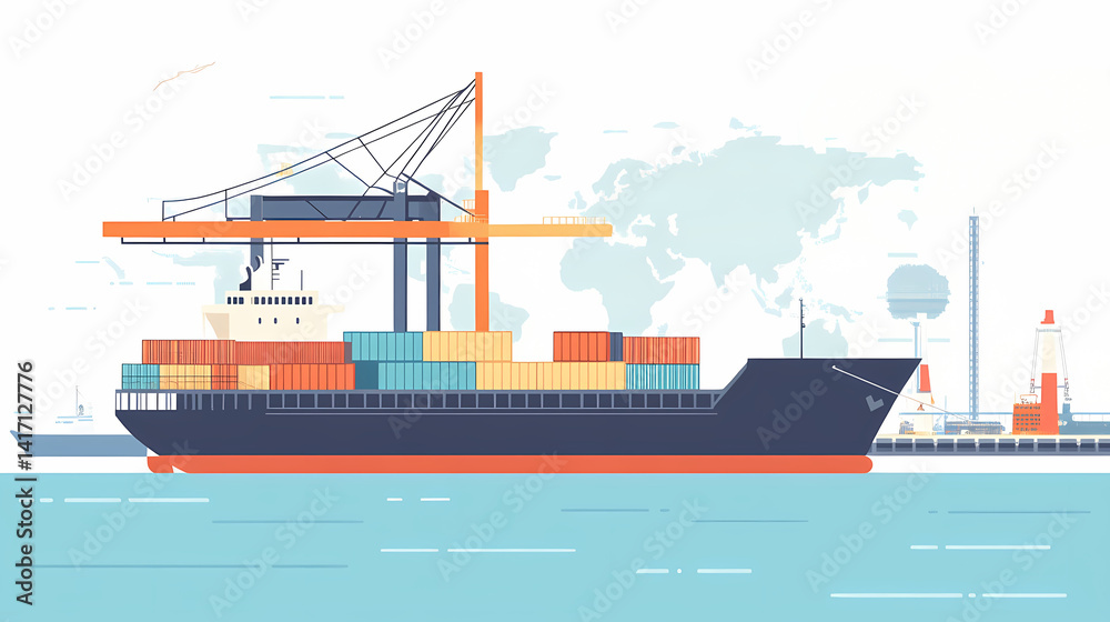 Fototapeta premium Global Commerce: A container ship, laden with cargo, sails into a bustling port, ready to facilitate international trade and global commerce