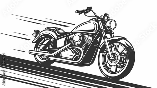 A realistic black and white image of a cruiser motorcycle in motion, with motion line