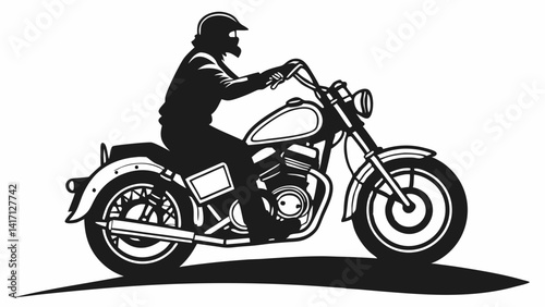 A black and white silhouette of a rider on a low-slung cruiser motorcycle