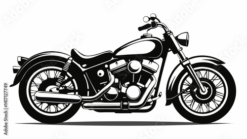 A detailed black and white illustration of a classic cruiser motorcycle, silhouette, viewed from the side
