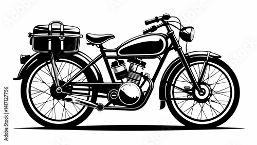 A vintage-style black and white drawing of a cruiser bike with chrome detailing and leather saddlebags