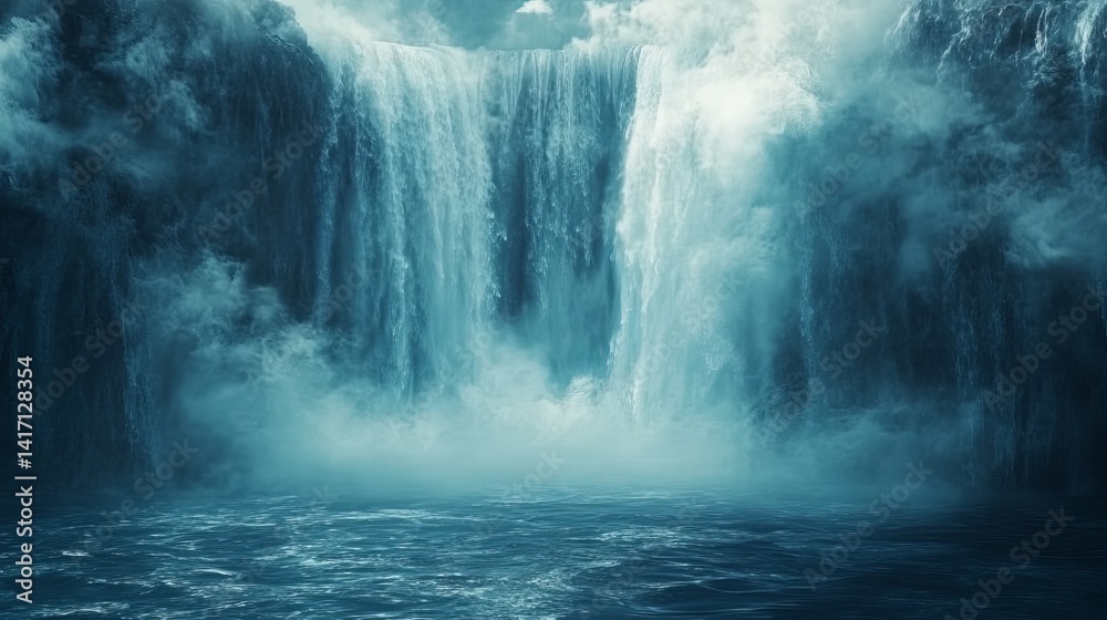 A majestic waterfall cascading into a body of water surrounded by mist and dark rocky cliffs A majestic waterfall cascading into a body of water surrounded by mist and dark rocky cliffs