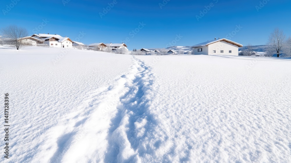 Snowy path leading through a winter village Snowy path leading through a winter village