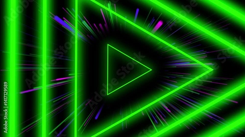 Dynamic video footage of glowing neon green triangles with high-speed motion streaks and colorful particle effects. Ideal for futuristic, gaming, or music-themed animations and backdrops.