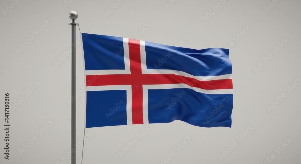 Obraz premium Icelandic Flag Waving Gracefully on a Flagpole Against a Neutral Background
