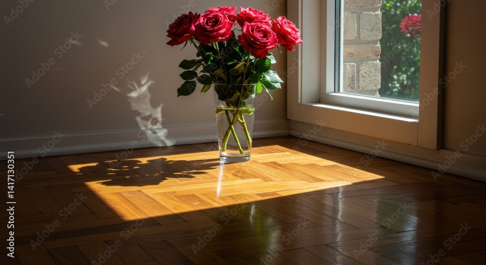 Fototapeta premium A vibrant bouquet of red roses in a glass vase casting shadows on a sunlit wooden floor - parquet flooring