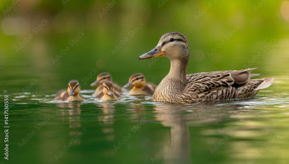Mother Duck Leads Ducklings on Serene Lake, Swimming Gracefully with Family in Nature's Embrace Mother Duck Leads Ducklings on Serene Lake, Swimming Gracefully with Family in Nature's Embrace