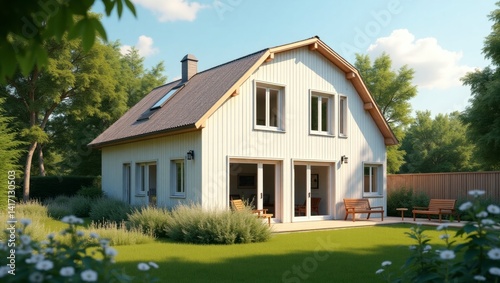 Surreal and vibrant cinematic photo of a house with a white exterior captured in high fidelity with dreamlike quality