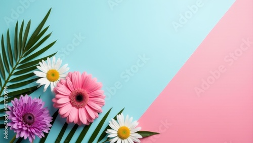 Bright Flowers And Tropical Leaf Arrangement