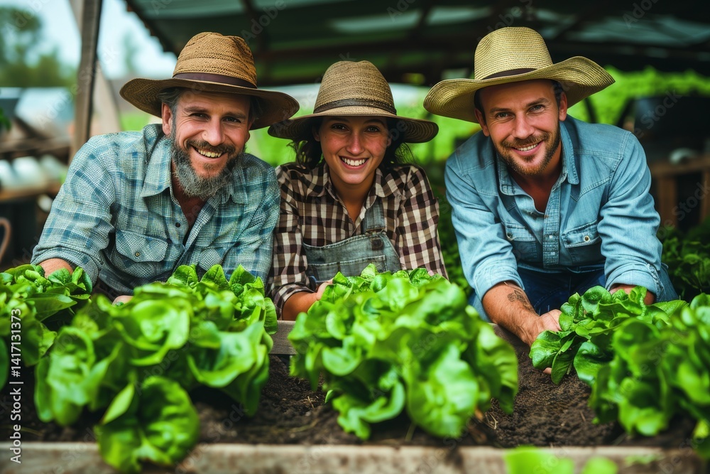Three farmers smiling proudly while tending to fresh lettuce on a sunny day in a community garden Three farmers smiling proudly while tending to fresh lettuce on a sunny day in a community garden