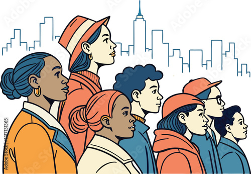 Diverse Crowd Digital Illustration in Cityscape Flat Design