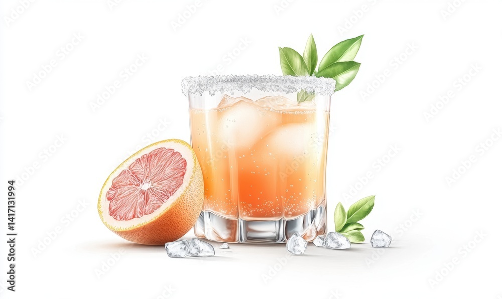 Refreshing grapefruit cocktail with ice, garnished with salt and mint, studio shot, ideal for summer drinks menu Refreshing grapefruit cocktail with ice, garnished with salt and mint, studio shot, ideal for summer drinks menu