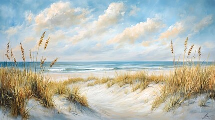 Stickers Plage et Mer A serene beach scene with tall grass dunes and a calm ocean under a cloudy sky painting style  © Mitchell