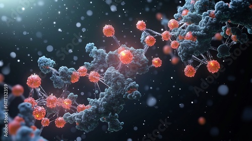 Dna replication model enzyme interactions glowing over a black gradient background