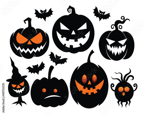 Spooky Halloween Pumpkins and Bats. Festive Decorations