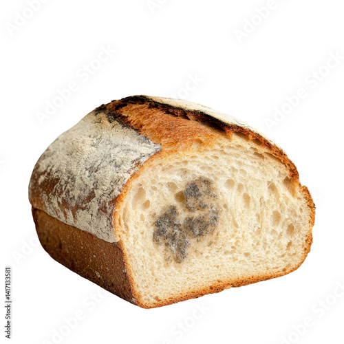 Action of spoilage bread with mold food photography isolated close-up rotten with transparent background