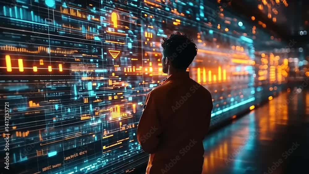 Person observing digital data display in a tech environment