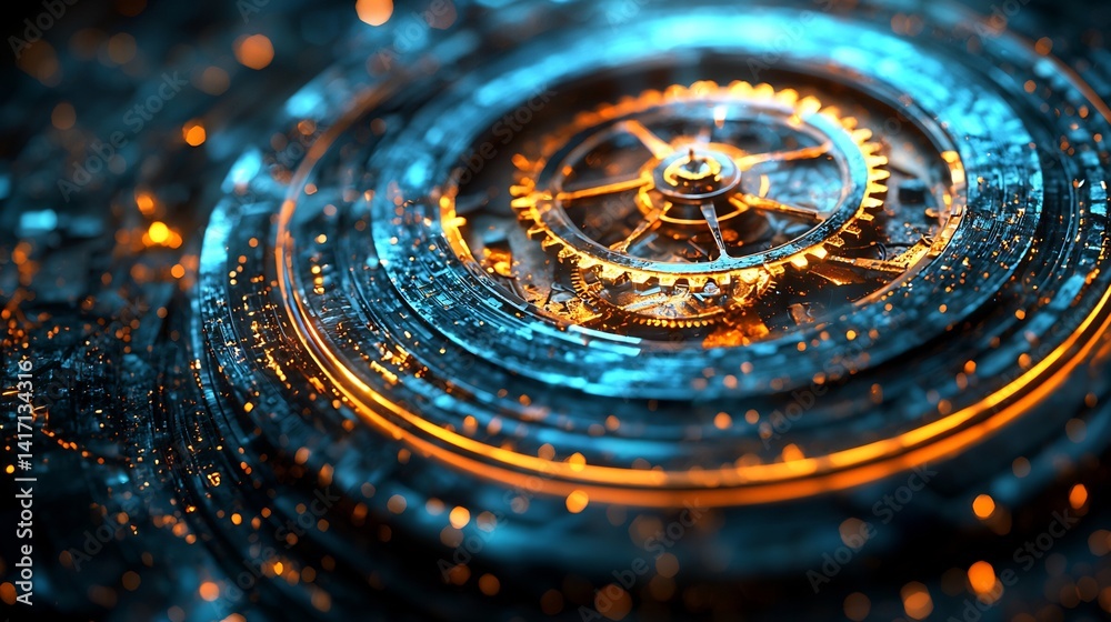 Intricate mechanical abstract design with luminous glowing effects and digital precision Intricate mechanical abstract design with luminous glowing effects and digital precision