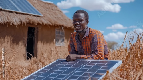 Man poses proudly with his solar panel near home
