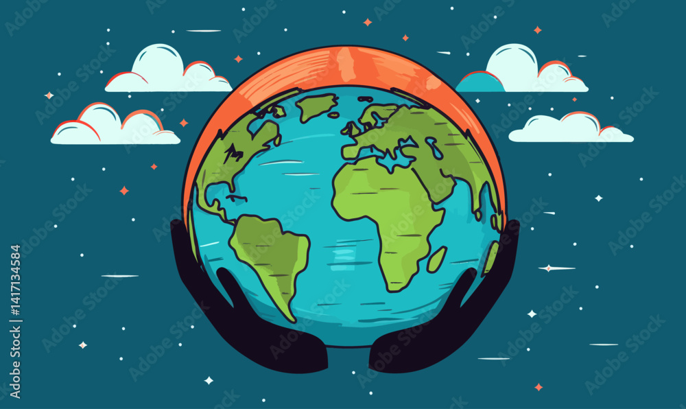 Naklejka premium Flat Minimalist Vector of Global Saving Concept with Hands Cradling Earth