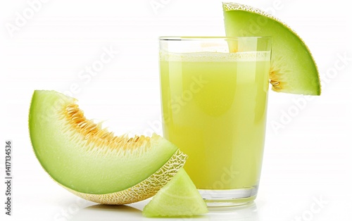 Refreshing light green honeydew melon juice in a glass with fresh melon slices. Sweet and hydrating.
