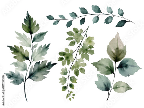 Watercolor botanical plants set with branches and leaves
