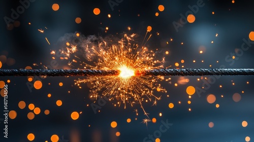 Close-up of a burning fuse with sparks and smoke on a dark background. Perfect for illustrating danger, excitement, or a critical moment in time.