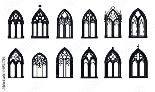 Gothic Church Window Silhouette Vector Set with Medieval Architectural Arches