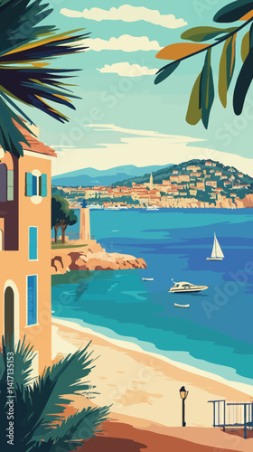 Retro Cote d'Azur Travel Poster: French Riviera Summer Beach Scene in Minimalist Style
