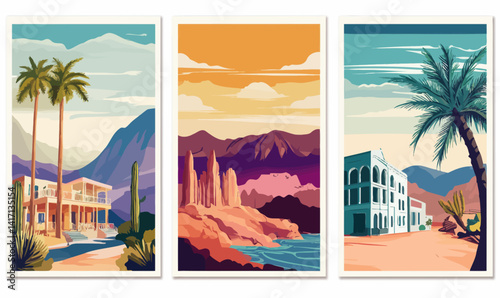 Retro Travel Destination Posters: Palm Springs, Grand Canyon, Santorini in Minimalist Style