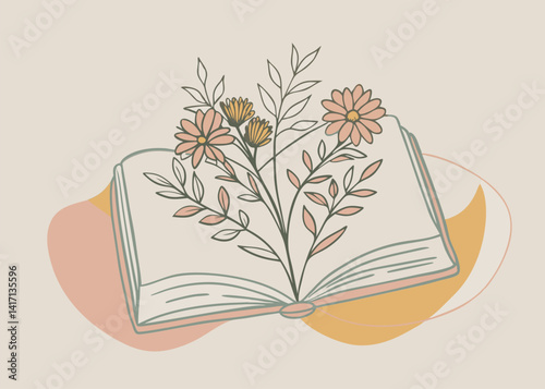 Floral Book Illustration. Open Book with Flower Bouquet