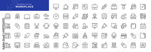 Workplace line icon set. Office work, worker, office items, equipment, tools, stationery and more. Outline vector icon in linear style. Pictogram collection	