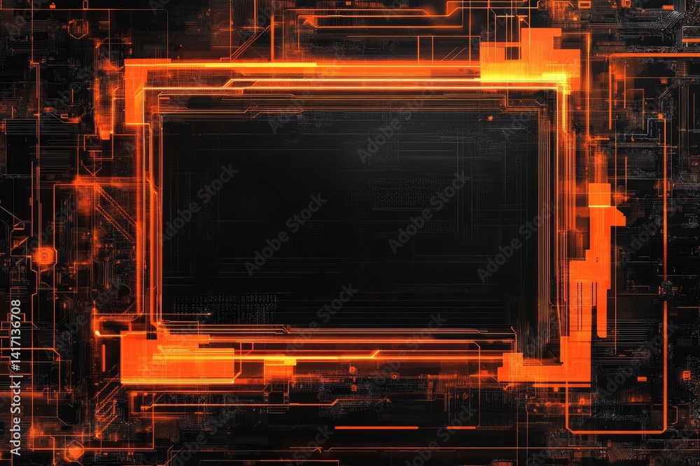 Abstract orange circuits frame a dark black digital background Abstract orange circuits frame a dark black digital background