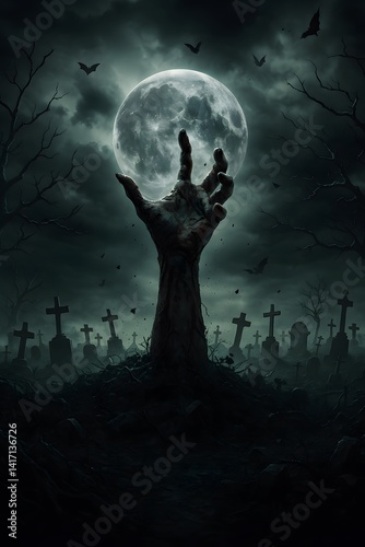 Terrifying Halloween graveyard scene with a zombie hand rising from the ground under a full moon, surrounded by tombstones, bats, and dark clouds, symbolizing horror and fear.
