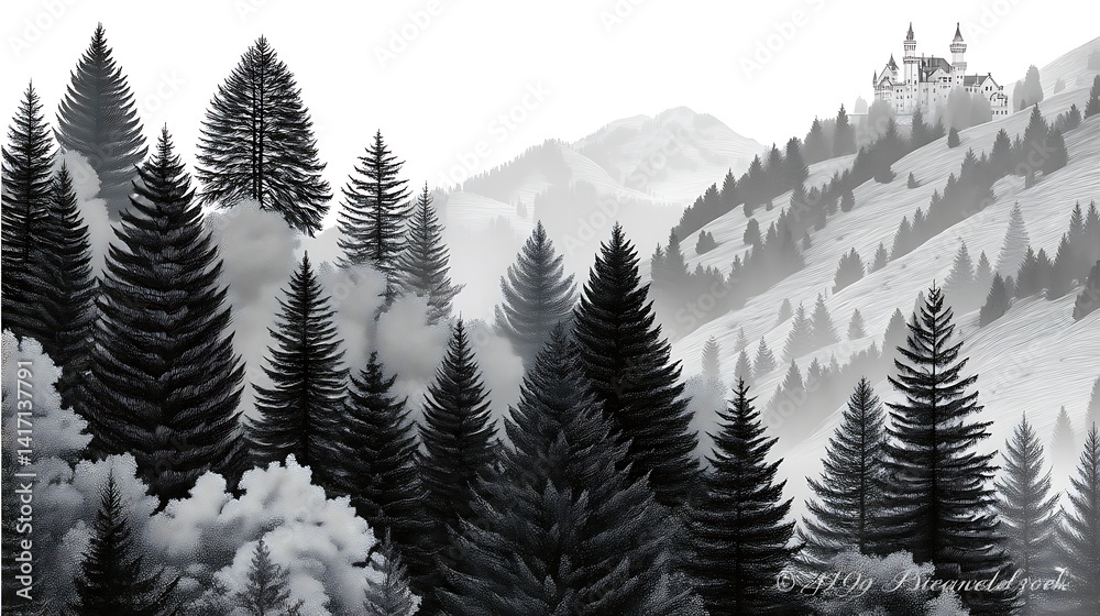 Fototapeta premium Serene Alpine Landscape with Mist Clinging to Pine Trees in a Tranquil White Horizon
