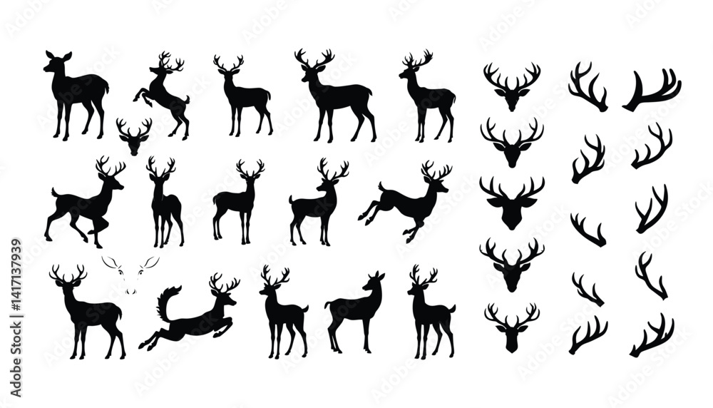 Fototapeta premium Deer black silhouette collection.