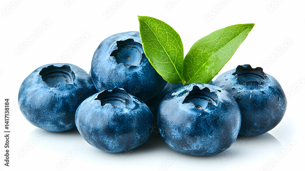 Obraz premium Closeup of Fresh Blueberries with Green Leaf on White Background
