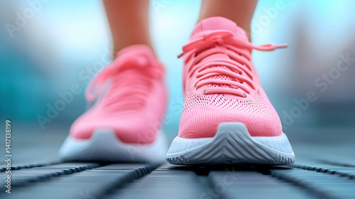 Fototapeta Naklejka Na Ścianę i Meble -  Closeup of Pink Athletic Shoes on Woman's Legs in a Summer Park