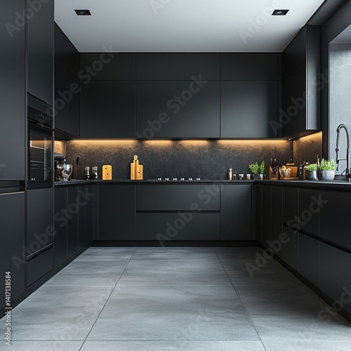 Sleek kitchen Modern dark cabinets, light grey floor, accent lighting, minimalist