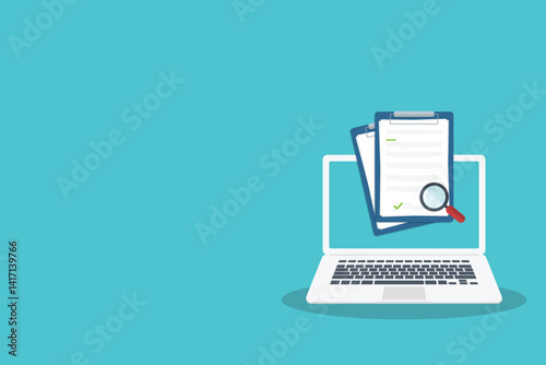 Online digital document inspection or assessment evaluation on laptop computer, contract review, analysis, inspection of agreement contract, compliance verification. Vector illustration