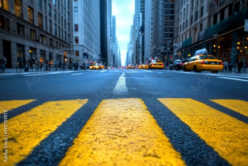 City street view with yellow taxi cabs and buildings
