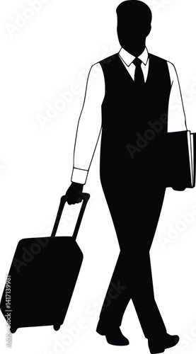 Silhouette of a business traveler in a suit, walking with a wheeled suitcase and holding a document