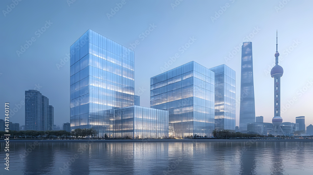 Naklejka premium Urban Oasis: Modern architecture merges with natural elements, creating a tranquil cityscape. The sleek glass facade of towering buildings reflects the serene waters.