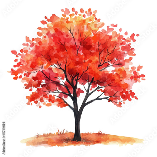 Tree With Vibrant Red Leaves In Fall, vector watercolor illustration, isolated on a white background.