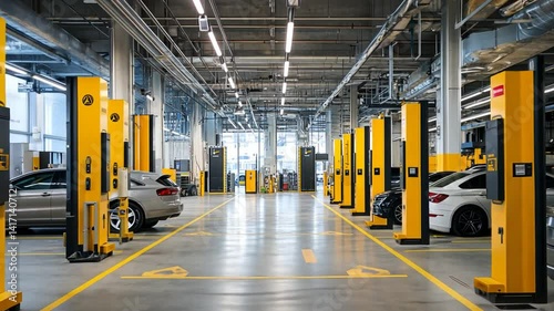 Indoor Car Parking Structure, Modern Interior Design and Yellow Column Supports