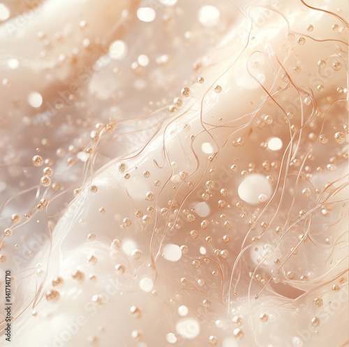 A half-and-half blend of a soft-focus skin surface with a stylized visual of beneficial skin microbiota abstract, glowing nodes or fine filaments interacting gently with the skin.