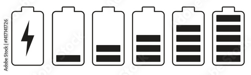 Battery charging indicator icon in white background. Fully charged and discharged battery in 0 to 100 % level icon. Vector illustration.