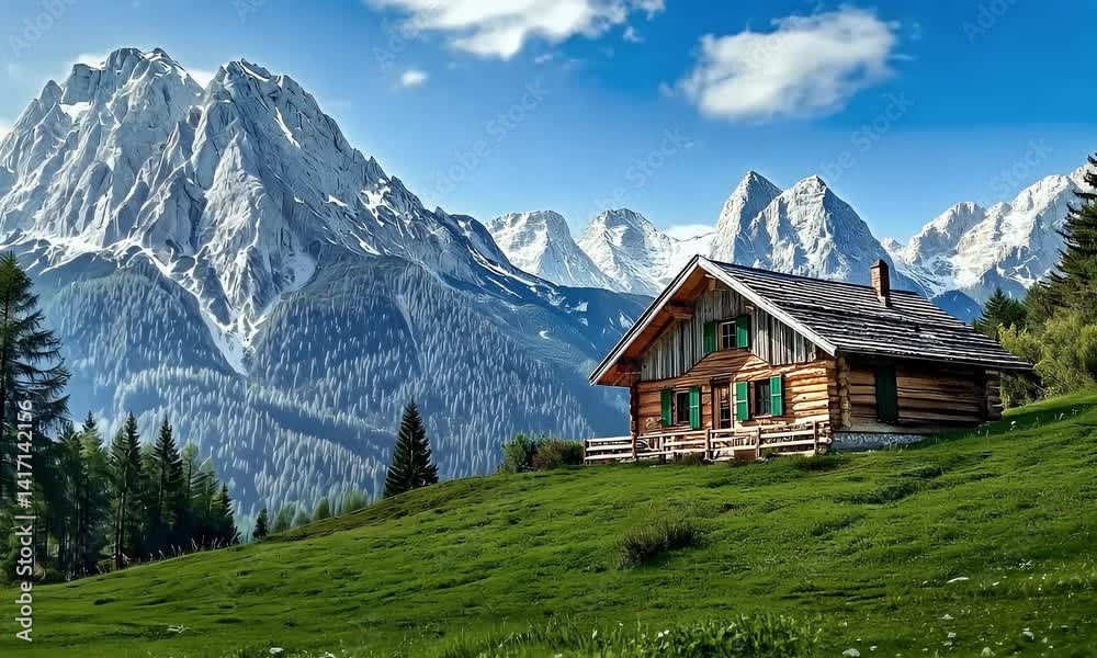 Rustic wooden cabin in a lush green valley surrounded by alpine forest and majestic rocky mountains under a bright blue sky. Rustic wooden cabin in a lush green valley surrounded by alpine forest and majestic rocky mountains under a bright blue sky.