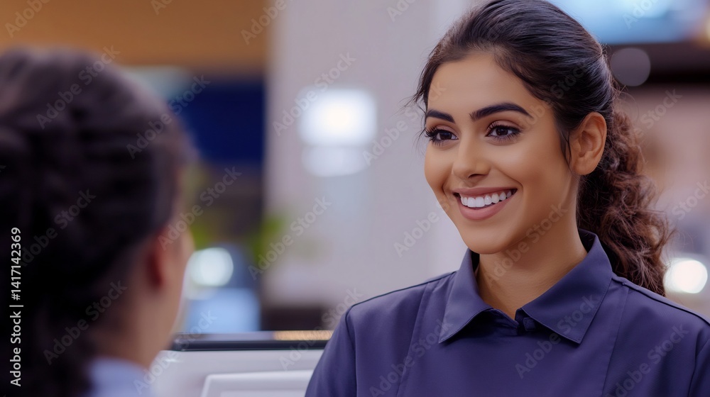 Obraz premium Torso portrait of Retail Associate seamless untextured navy background dressed uniform assisting customer friendly helpful smile reflecting customer service excellence professionalism in retail sales